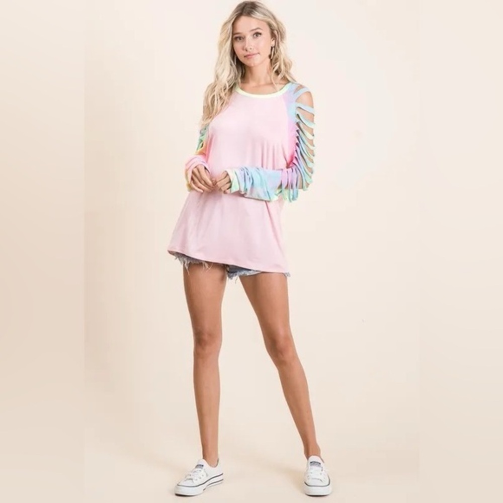 BiBi Jersey Knit Top with Tie Dye Laser Cut Sleeves